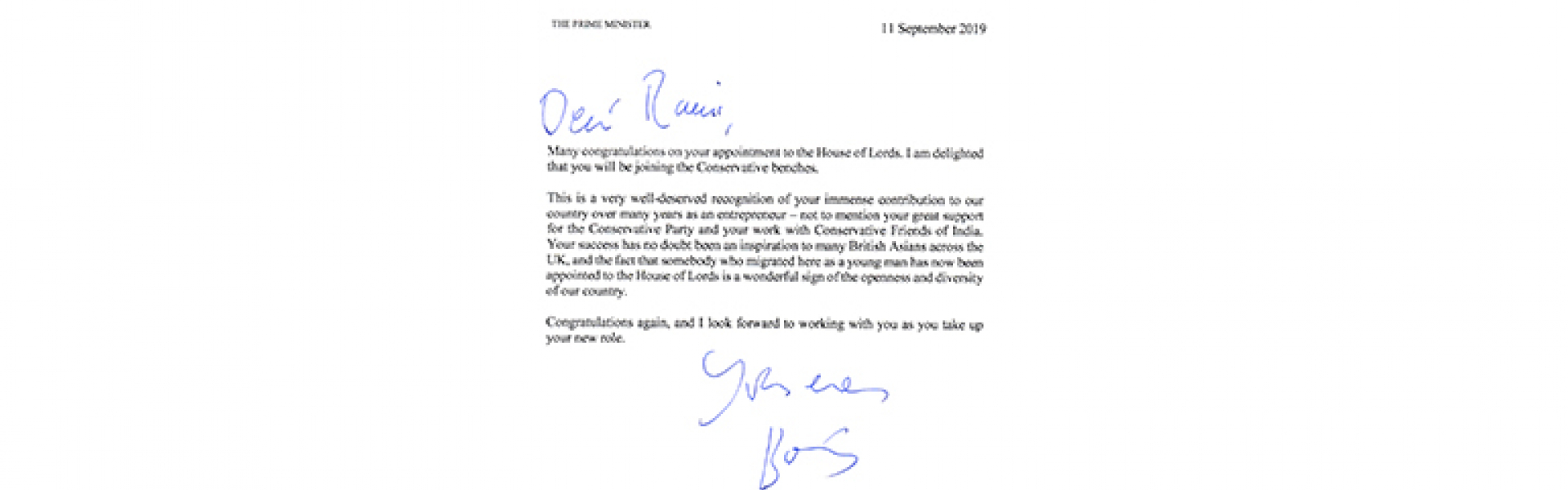 Letter from The Prime Minister to Dr. Rami Ranger CBE