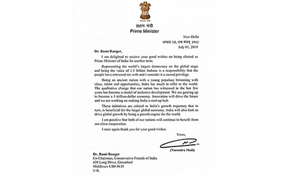 Thank you letter from The Hon. Prime Minister of India Shri Narendra Modi