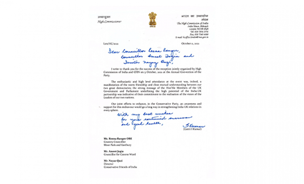 Thank you letter from High Commissioner of India, H.E. Gaitri Issar Kumar