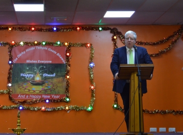 Conservative Party Chairman Patrick McLoughlin gives a speech at the Geeta Bhawan temple in Derby